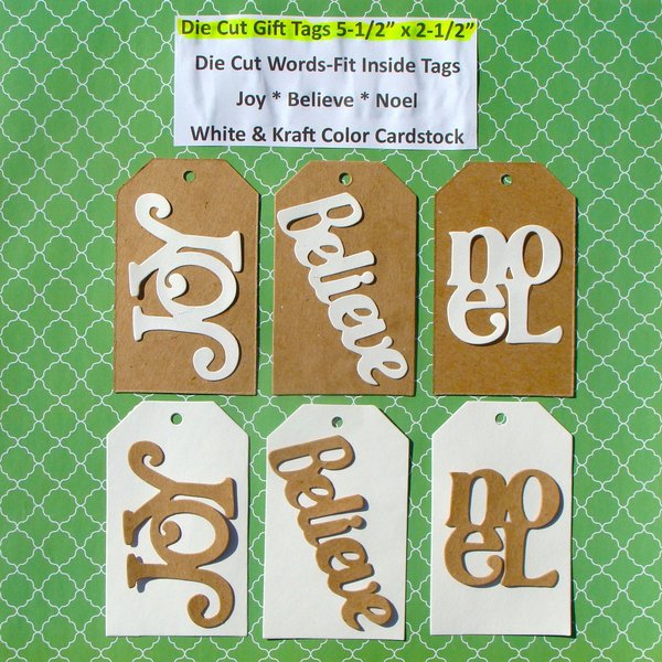 Die Cut Large Gift Tags Cardstock with Holiday Die Cut Words, Joy, Noel, Believe. White and Kraft Colors
